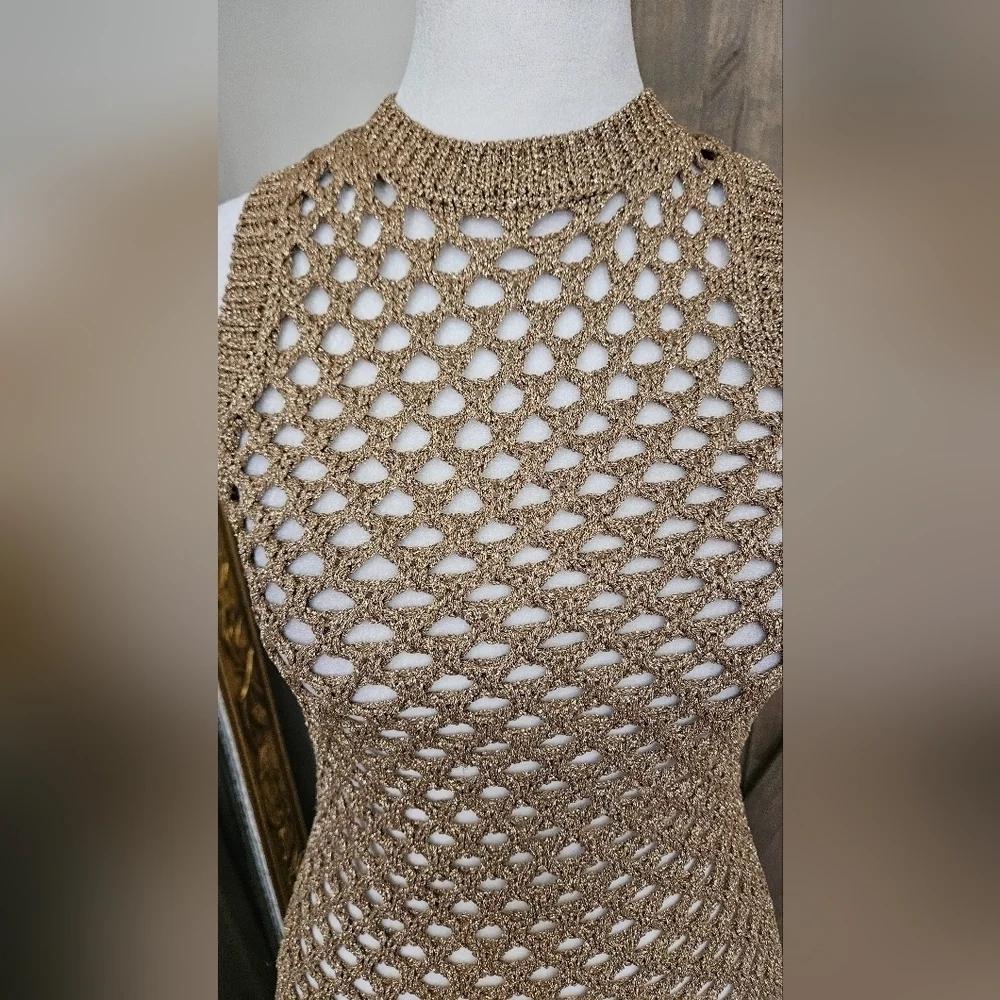 Zara Metallic Crochet Fishnet Midi Dress Gold Open Knit Cover Up Size Small - Picture 8 of 16